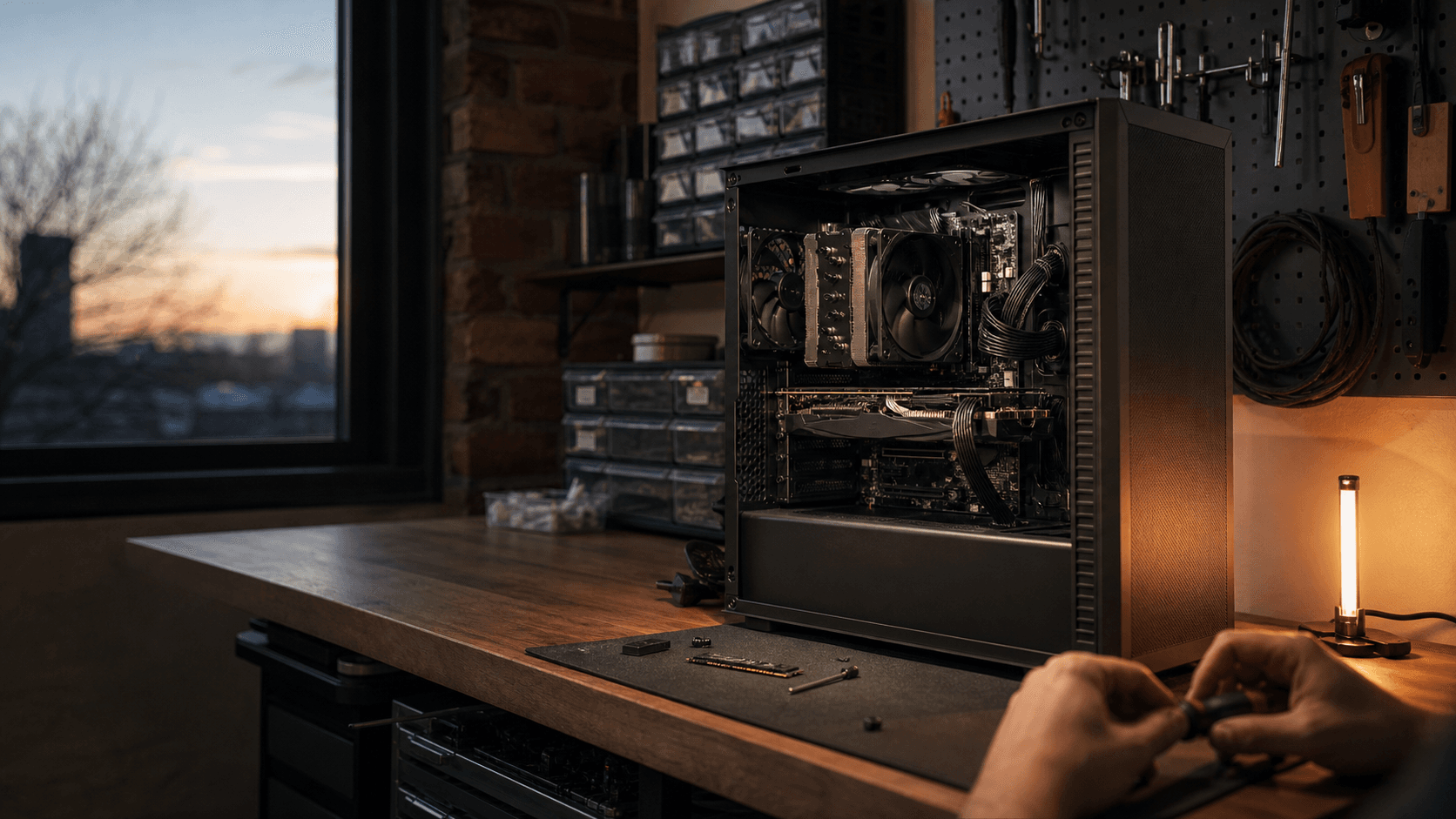RGB gaming PC being assembled at the Lake Effect Rigs build bench